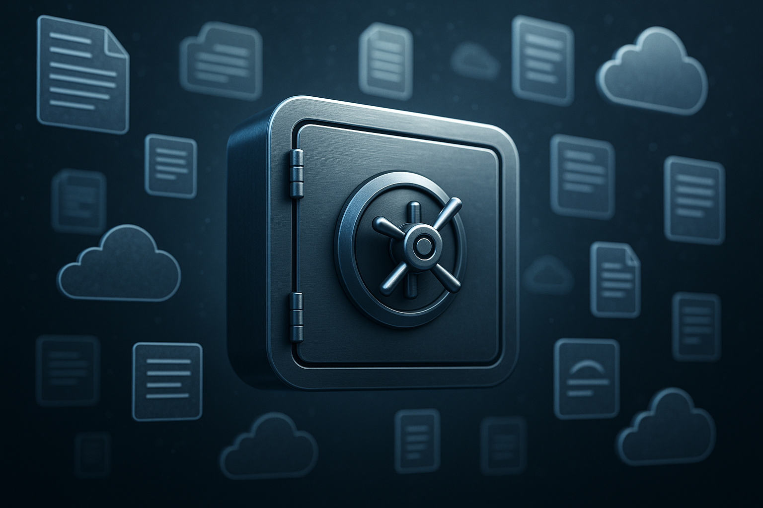 A digital vault icon surrounded by floating documents and cloud symbols, representing secure document sharing in VDRs
