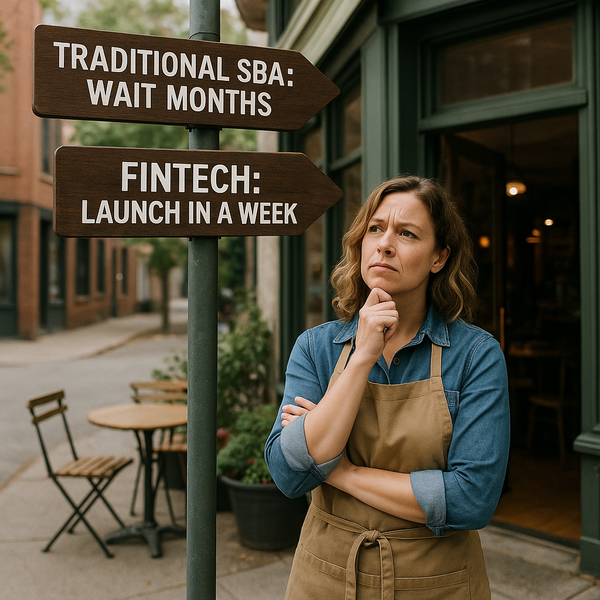 A small business owner outside her shop standing at a crossroads whether to choose traditional lenders or Fintech companies.