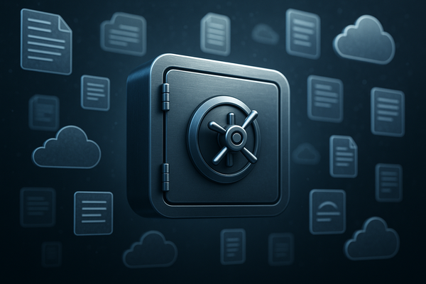 A digital vault icon surrounded by floating documents and cloud symbols, representing secure document sharing in VDRs