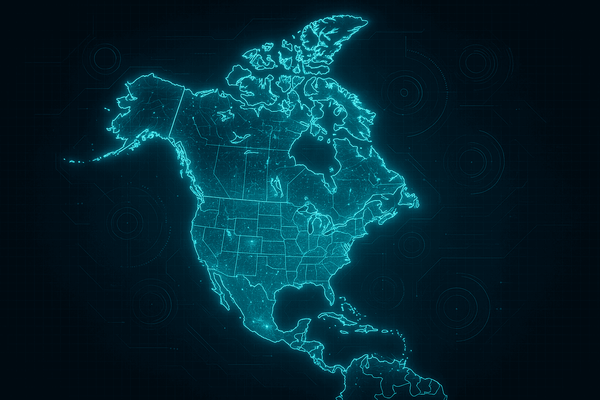 digital map of North America representing the rise of cloud-based document management systems for SMEs.